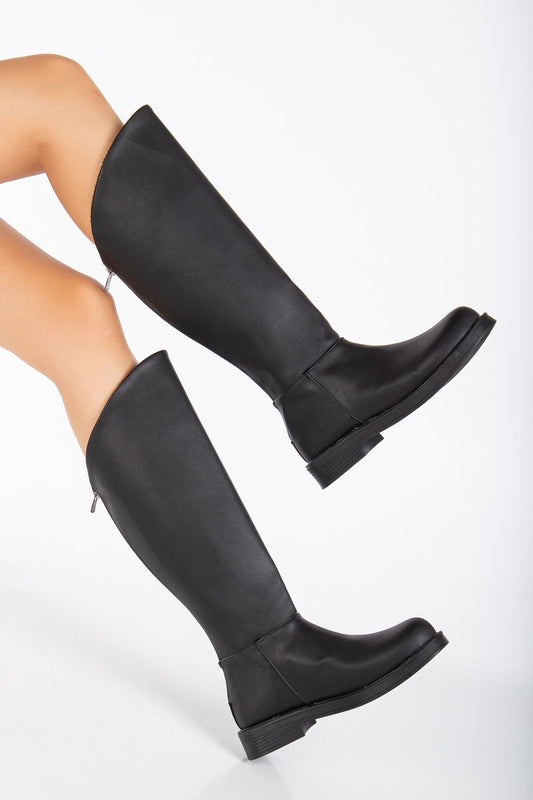 Alinda Arkadan Fermuarlı Deri Çizme Siyah