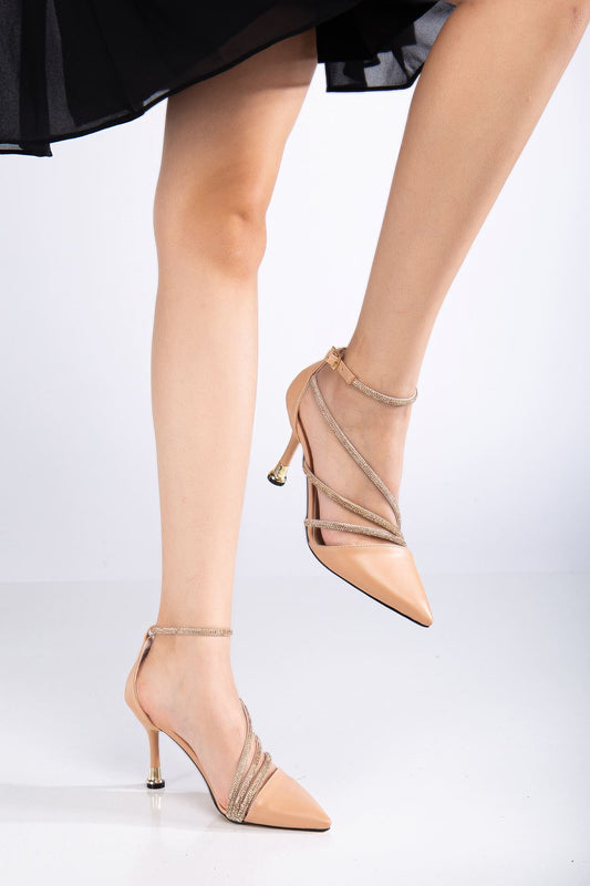 Alya Bilekten Bağlamalı Cilt Topuklu Ayakkabı Ten