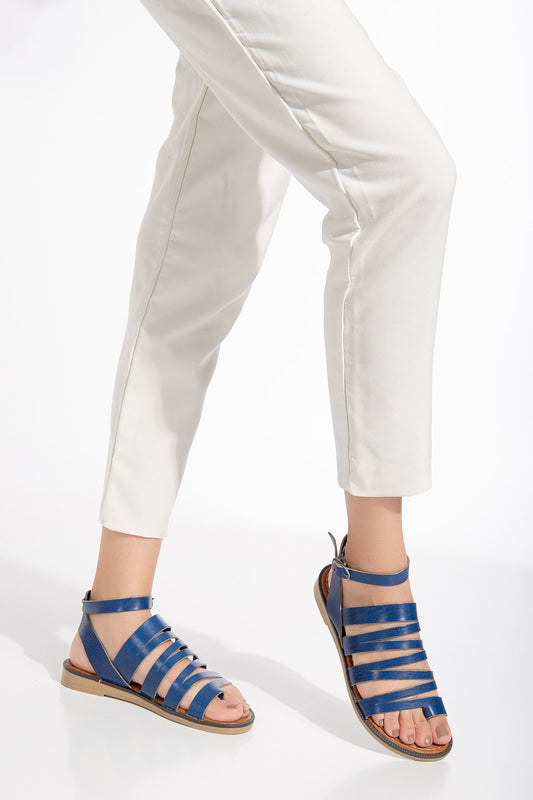 Ecre Hakiki Deri Sandalet Saks Mavi