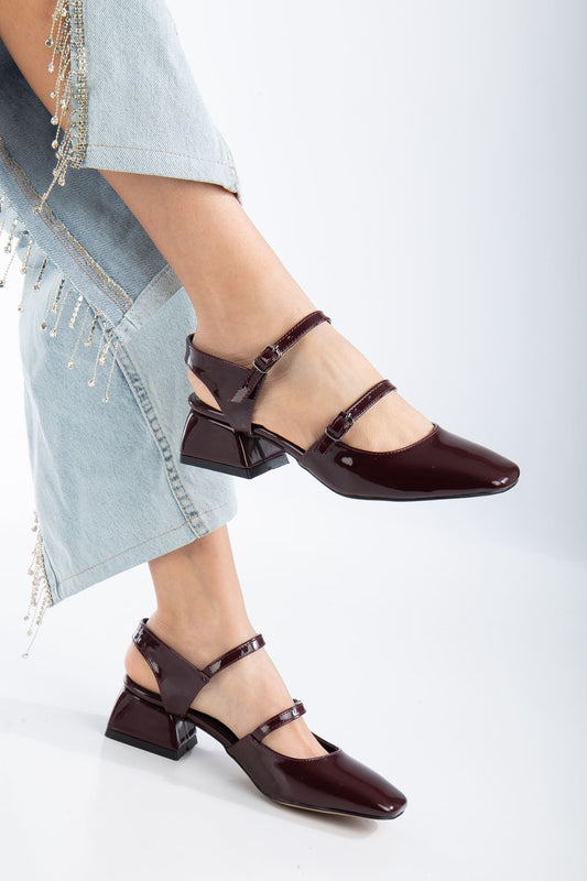 Karlee Flat Toe Heeled Patent Leather Shoes Beige