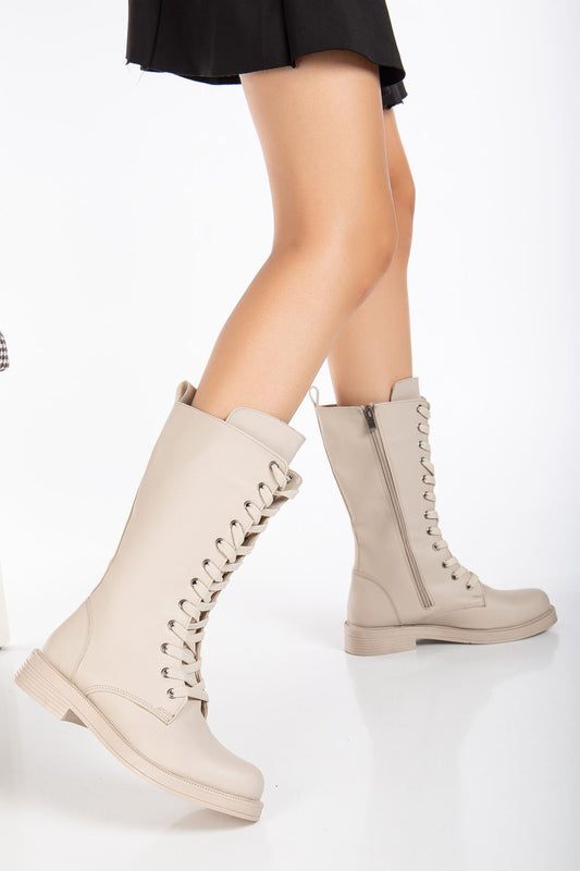Pamira Bağcıklı Deri Çizme Bej