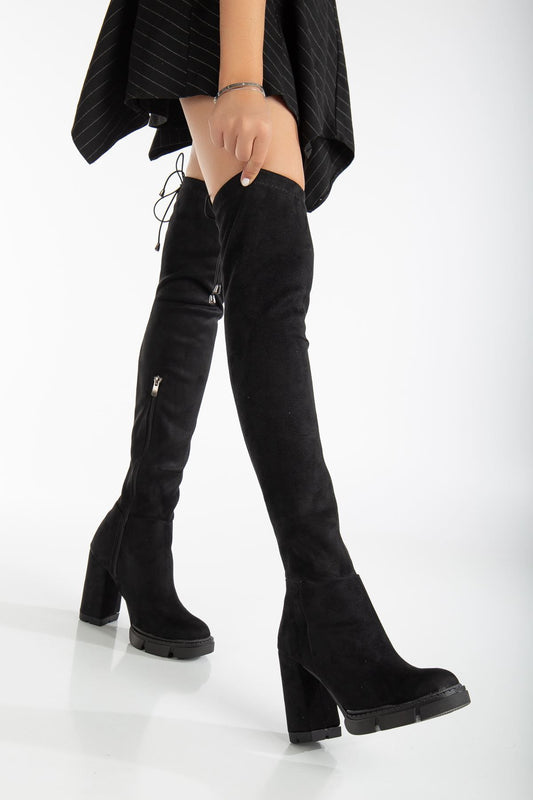 Sofia Topuklu Süet Streç Çizme Siyah