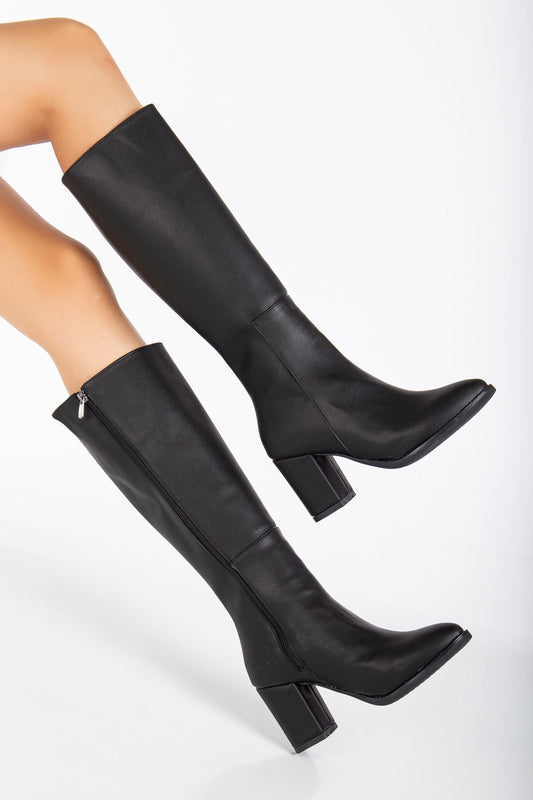 Valery Topuklu Deri Çizme Siyah