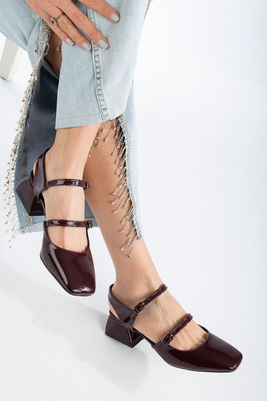 Karlee Flat Toe Heeled Patent Leather Shoes Beige